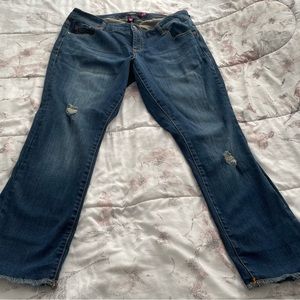 Torrid Denim dark wash lightly distressed bootcut raw hem jeans, size 12 spring